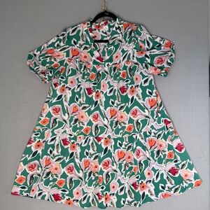 VOY Women's Green Floral Tiered Short Sleeve V Neck Casual Dress Size L